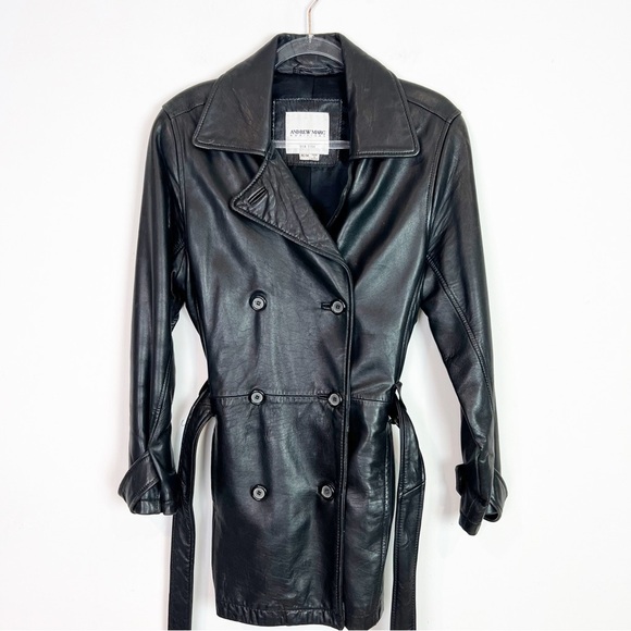 ANDREW MARC NEW YORK BLACK LEATHER DOUBLE BREASTED TRENCH JACKET COAT MEDIUM - Picture 1 of 5